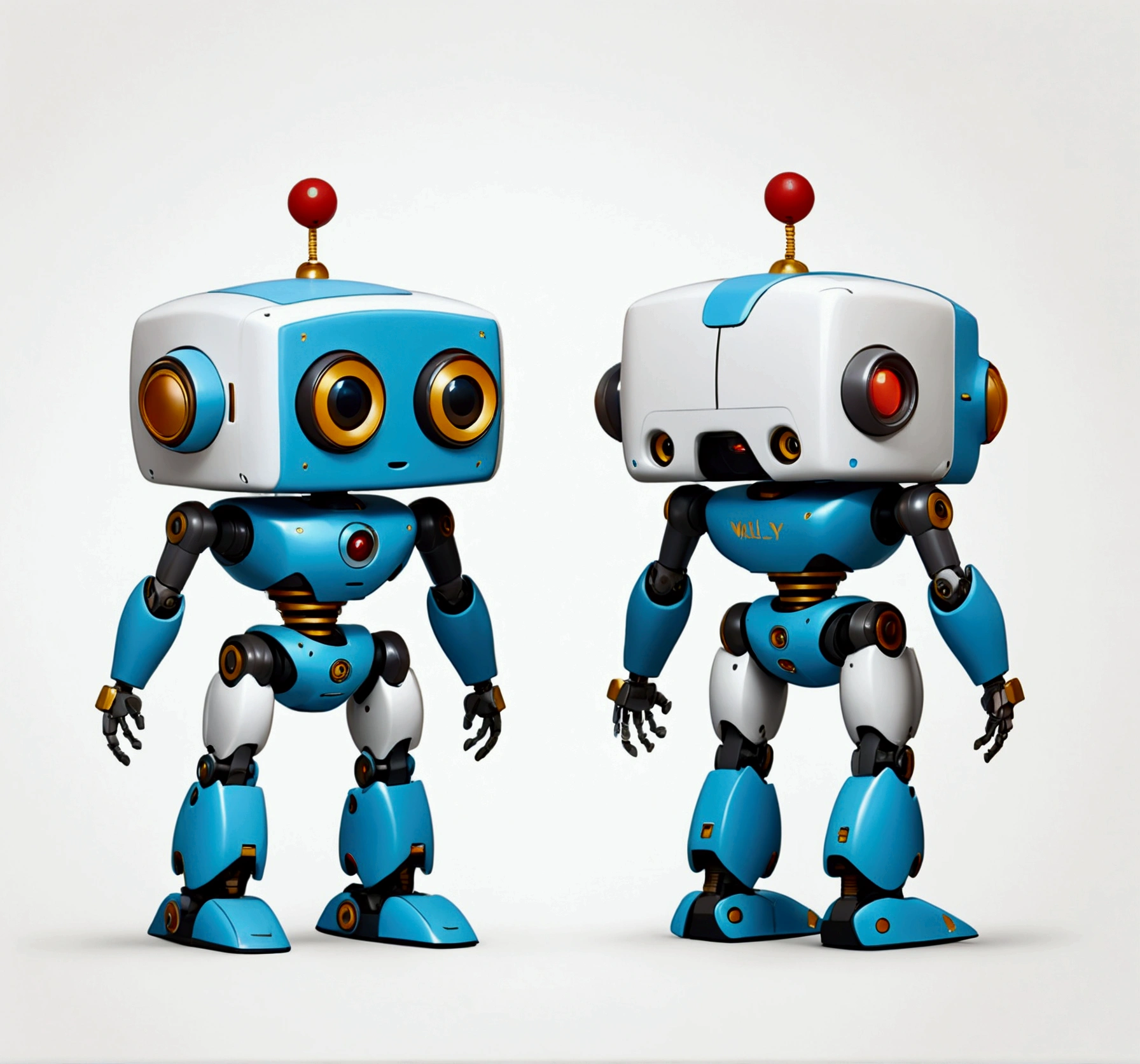 small tender robot like wally-e , short legs, reactangular rectangular head with eyes (front, side, back views of the same character) , white background