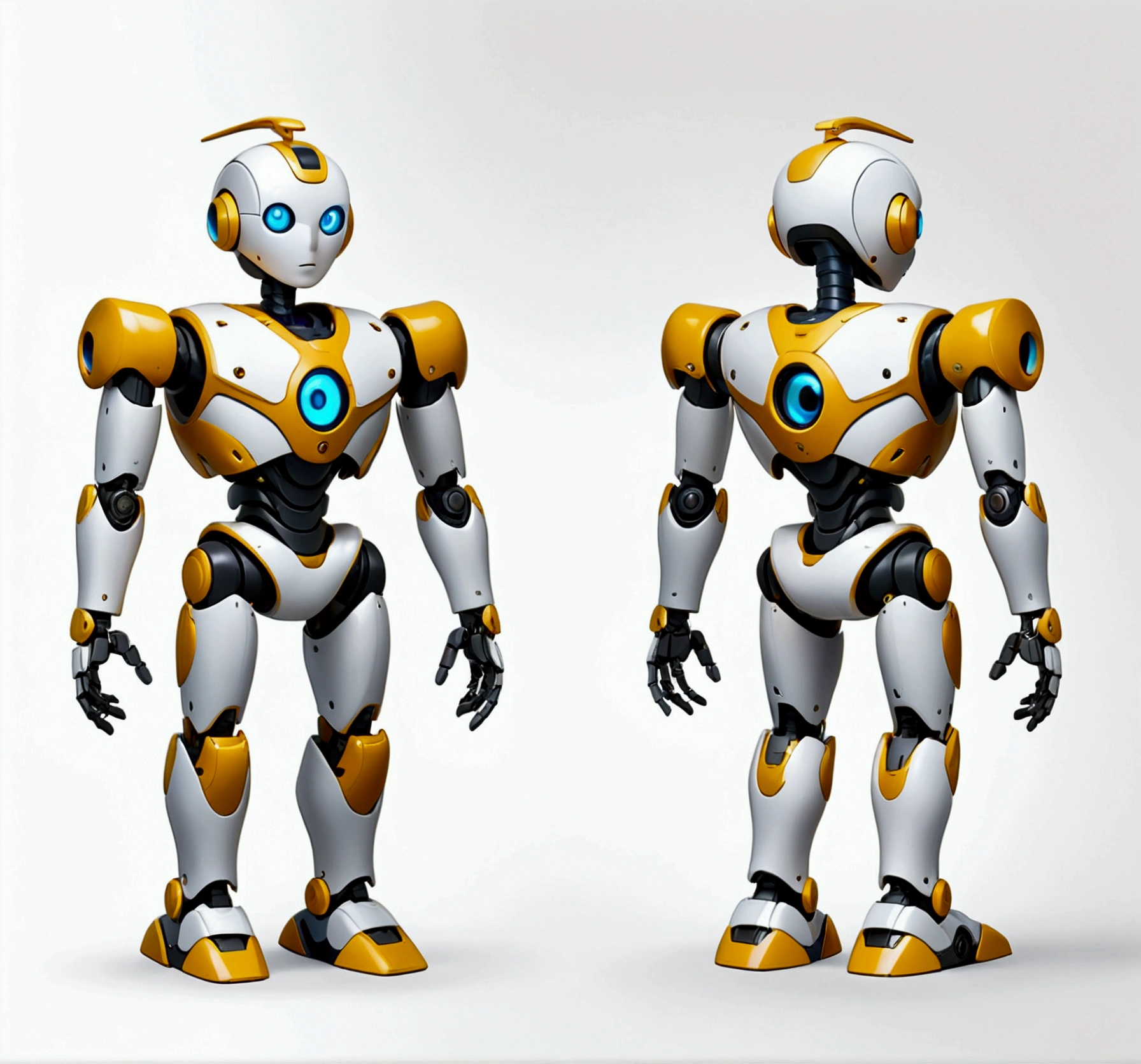 small tender robot like wally-e , short legs, reactangular rectangular head with eyes (front, side, back views of the same character) , white background