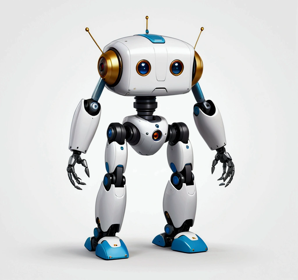 small tender robot like wally-e , short legs, reactangular rectangular head with eyes (front, side, back views of the same character) , white background