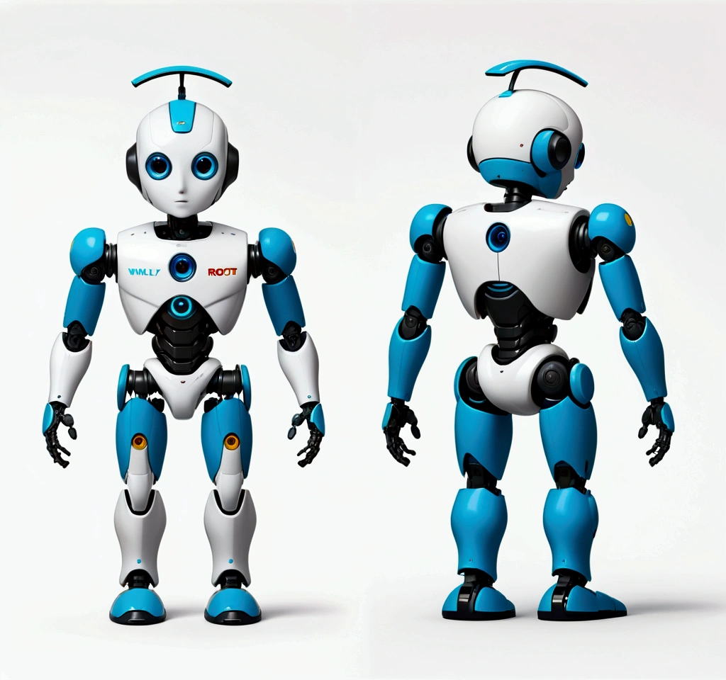 small tender robot like wally-e , short legs, reactangular rectangular head with eyes (front, side, back views of the same character) , white background