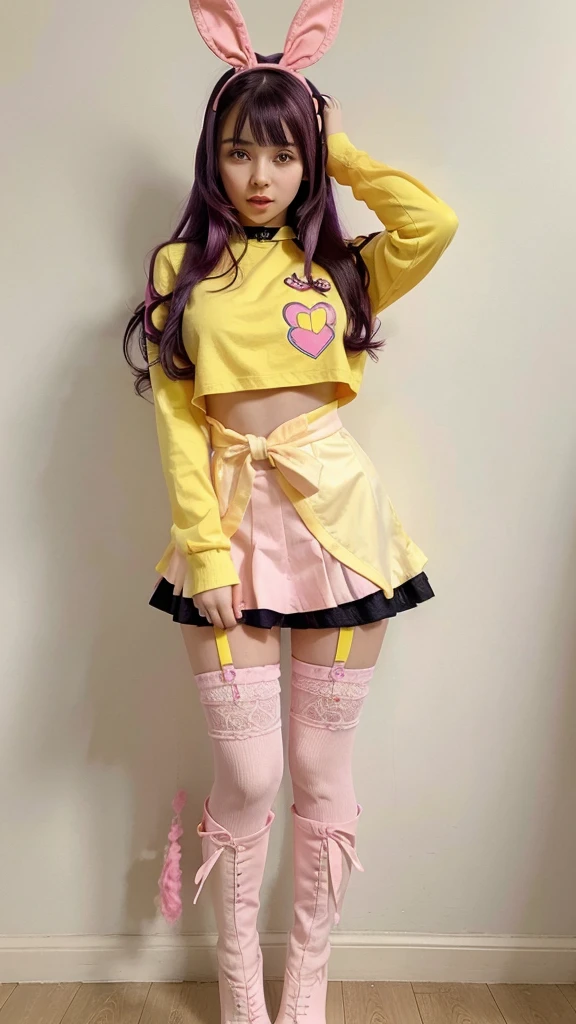 an anime girl with dark purple hair and light purple eyes, dressed in a striking pink and yellow outfit. She wears pink gloves, a pink bow in her hair and a headband with a yellow rabbit. Her shirt is pink with a yellow star on each side and a red heart on the chest.. She wears a black belt under a pink skirt that has multiple layers of lace with a yellow trim.. She is wearing pink stockings and high-heeled boots.. The girl is making a funny gesture with her hands, touching your head with your index and middle fingers, with a funny expression and tongue out. the background is white.