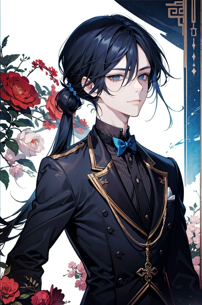 Tensura, 34 year old boy, long hair tied back, blue eyes, butler outfit, gentle smile,adult guy,