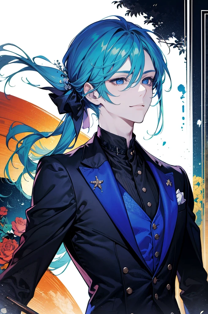 Tensura, 34 year old boy, long hair tied back, blue eyes, butler outfit, gentle smile,adult guy,