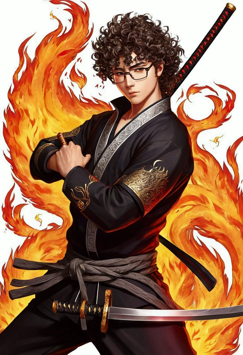 I want to draw a anime boy with curly wolf mullet hair style and glasses, With a touch like an old samurai。Surrounded by flames、Flames covered mainly with human parts。I have a sword in my hand。