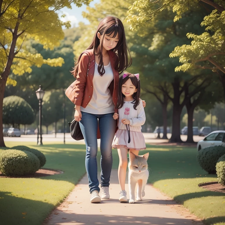 In a beautiful park,A hugs a cute kitten for a walk