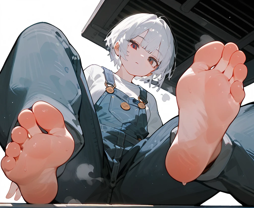 1 woman showing her stinky feet low angle，Soles，Black T-shirt，White sweatshirt jacket，White hair，Bangs, short hair,齐Bangs, Overalls，trousers，Anatomically correct, 