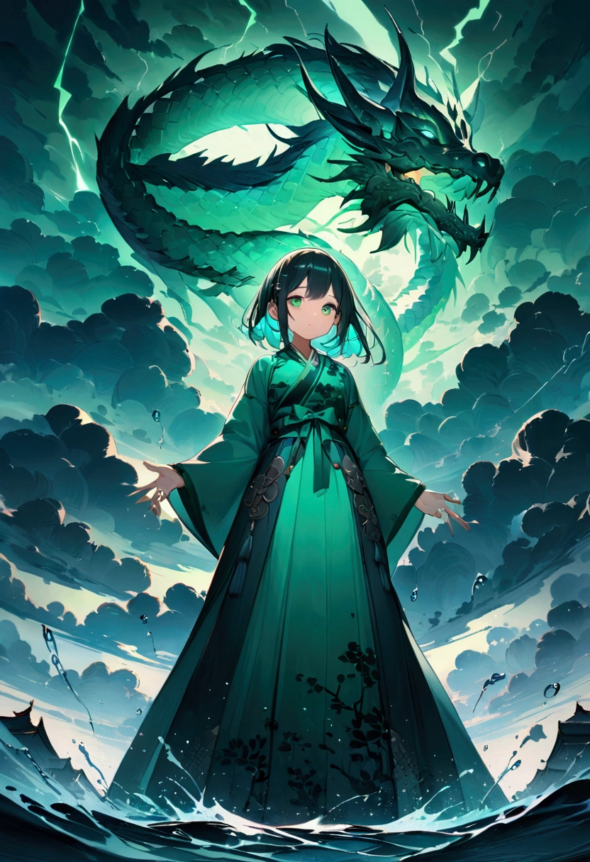 Symmetrical art,  symmetrical, waterdrop,lightning, cloud,( (green and cyan:1.3) (looking at viewer:1.4),  masterpiece, ultra high res,intricate details wide-angle, with an green and cyan theme, this painting depicts a girl wearing an green and cyan Hanfu, surrounded by water. Behind the girl is ancient Chinese architecture, and the sky is a cyan dragon on the sky. waterdrop,lightning, cloud,(High quality, ultra high lighting, highly detailed, clearly focused, 8K ultra high definition, artistic masterpiece), Chinese ink painting,liujiyou, 