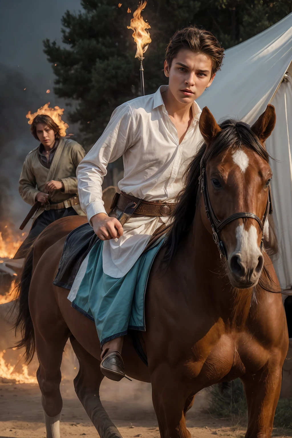 A 18-year-old male twink with a cute angel face with makeup and black hair, wearing a medieval shirt with ties, a v-neck, and long sleeves, aquamarine, and white medieval pants. He is on the battlefield, riding on a horse, carrying a sword.  He goes up with his shield in his other hand, and behind him are tents burning with flames of fire, and he looks angrily, as if a horse is galloping.