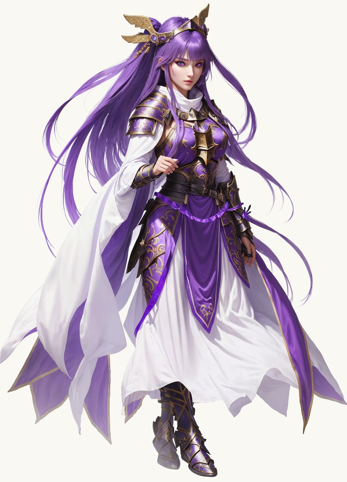 female warrior, sexy, attractive body, pretty face, female priestess knight, wear priestess clothes, purple hair, purple eyes,