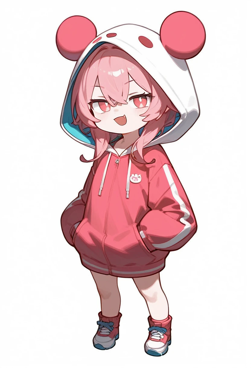 score_9,score_8_superior,score_7_superior,One girl,Pink Hair,alone,hood chibi,bangs,smug face,standing,full body,posing,Open your mouth,In-person audience,hoodie,Wearing a hood,Long sleeve,Hair between the eyes,Sleeves are longer than your fingers,white background,