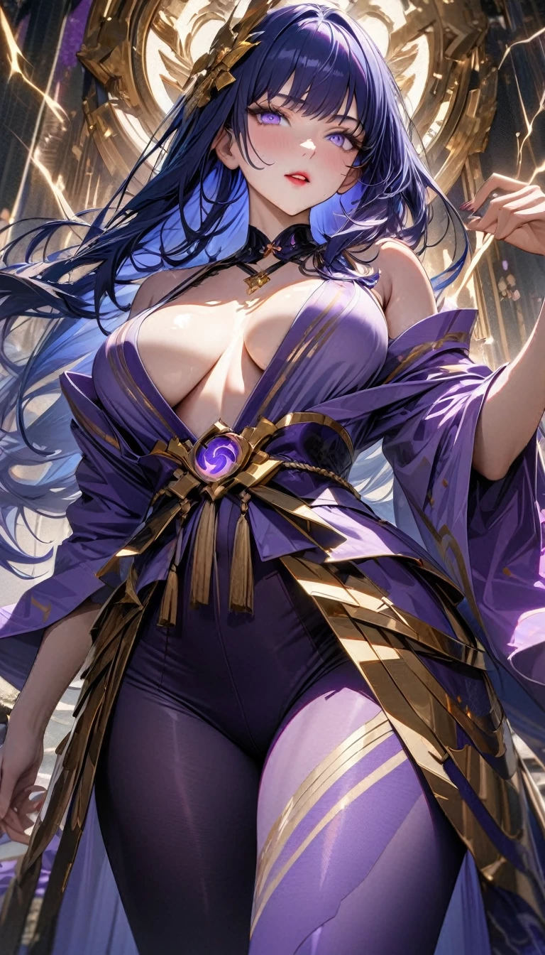 Adult woman, long blue hair, purple eyes, red lipstick, purple Goddess yukata, purple tights, golden elements, transparent breasts, open shoulders, open hips, Raiden, Japanese Goddess of Lightning, Masterpiece, best quality, Full HD, 8k, ultra details, great graphic