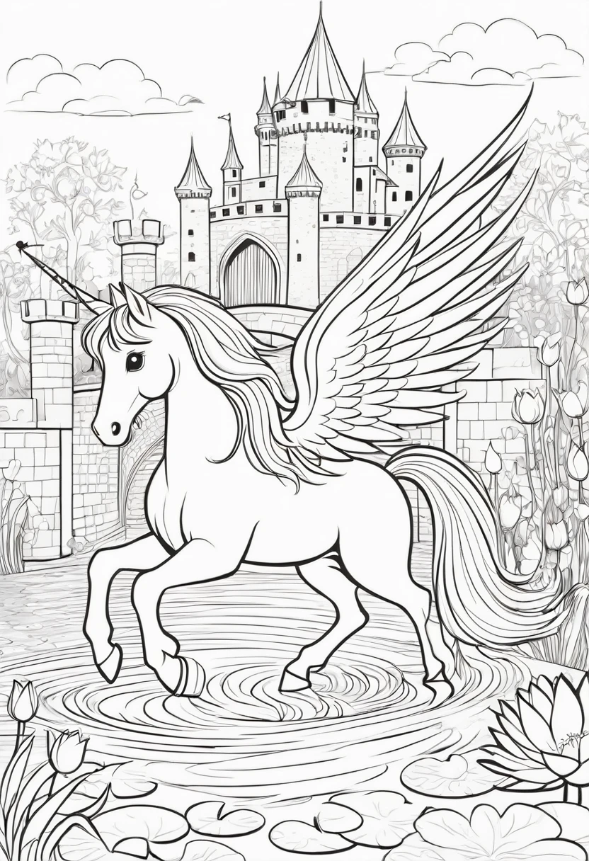 A delightful, child-friendly illustration with thick black lines on a white background. The main objective is a magical fairytale horse, characterized by large wings with a wonderful mane, this is located next to a castle with a drawbridge and a moat full of water lilies. A cute flock of birds flies gracefully in the sky and a smiling princess waves from one of the windows. The simplicity of the lines and the lack of shading and texture make it an ideal coloring page for children to bring their creativity to life, illustration