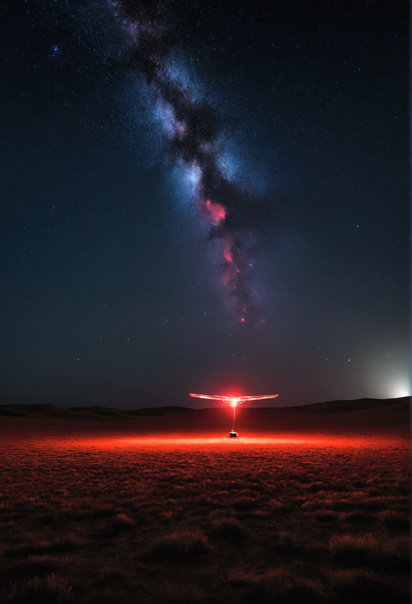 Wing RC Skywalker x8 flies high in a starry night sky over the steppe and illuminates the ground from the air with a red light beam that highlights a square on the ground and shows the silhouette of guanacos highlighted by the light beam on the darkness. Image from above and at a great distance