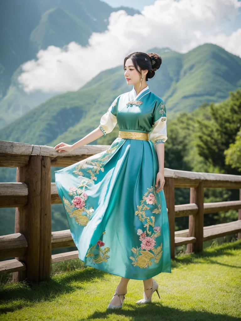 Lin Mei, a 19 year old Chinese girl, embodies the elegance and grace of the Qin Dynasty. With a height of 1,65 meters and a slender body, She has a naturally dignified posture. Your skin is pale, almost translucent, standing out in the sunlight. His almond-shaped eyes are a deep dark brown., full of curiosity and wisdom, framed by long black lashes. Arched, thin eyebrows give your face an air of serenity and determination..

Your black hair, smooth and silky, falls to the waist, often tied into an elegant bun adorned with delicate jade combs and silver pins. A few loose strands gently frame your face, giving it a touch of softness and youth.

Lin Mei wears a traditional Qin Dynasty hanfu, with a long, flowing silk skirt in shades of sky blue and white. The top is a silk jacket embroidered with lotus flower and cloud patterns, representing purity and spiritual elevation. Wide, flowing sleeves sway gracefully with your movements, creating a dance of fabrics and colors.

On your neck, Lin Mei wears a pale green jade necklace, your family heritage, which contrasts delicately with her fair skin. Her feet are shod in silk shoes embroidered with gold thread., completing the set with a note of discreet opulence.

The young woman carries with her a hand-painted silk fan, with scenes of mountains and rivers, which she uses both to cool off and to accentuate her graceful gestures. Your presence exudes a combination of inner strength and elegance, reflecting the cultural and historical richness of the Qin Dynasty.