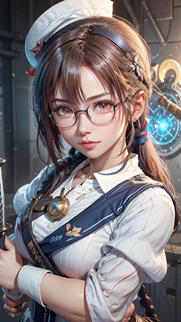 a close up of a woman with a sword and a sailor hat, a character portrait inspired by Li Shida, pixiv contest winner, extremely detailed artgerm, artgerm. high detail, using eye glasses