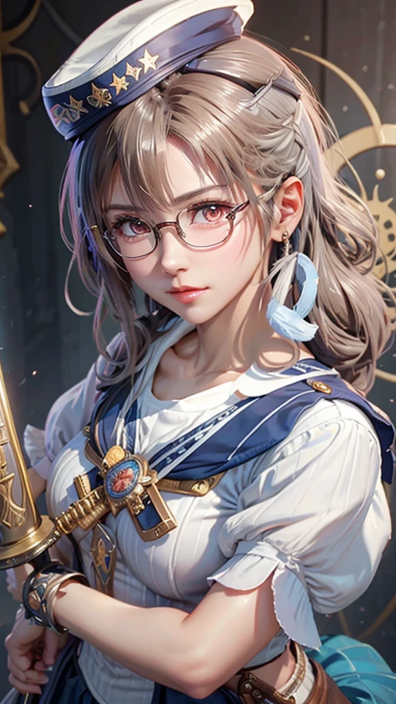 a close up of a woman with a sword and a sailor hat, a character portrait inspired by Li Shida, pixiv contest winner, extremely detailed artgerm, artgerm. high detail, using eye glasses