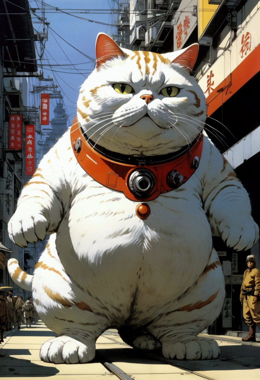 Giant fat Cat, full body, outdoor, by Yoji Shinkawa and Katsuhiro Otomo and Ralph McQuarrie, cinematic still, (best quality, masterpiece), very aesthetic, perfect composition, intricate details, ultra-detailed, vivid colors