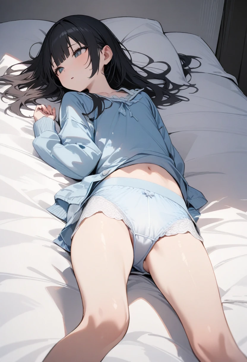 high quality, 最high quality、 Stylish design, (((The cutest girl))), ((Thin legs))、(((最high quality))), High resolution, ((detailed)), ((masterpiece)), ((Super detailed)), -yeld giBlack Hair、Inner Color、((Lying on your back in bed)),((Light clothing,underwear)),((Sexual)),(((Shyness)))