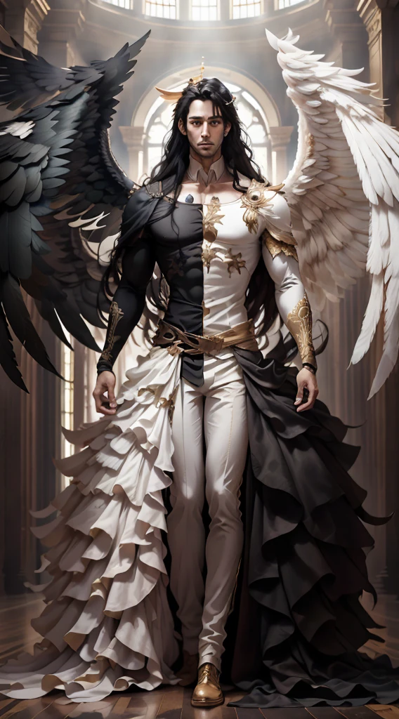 (master-piece:1.3),(bestquality:1.2),10,Absurd,Unity wallpaper 10,(Very detailed:1.3),highest, (1 man,handsome), ((Separate theme,Merge)), (Long straight hair,long and handsome), Heterochromia, (Black Hair), (angel), (White wings)