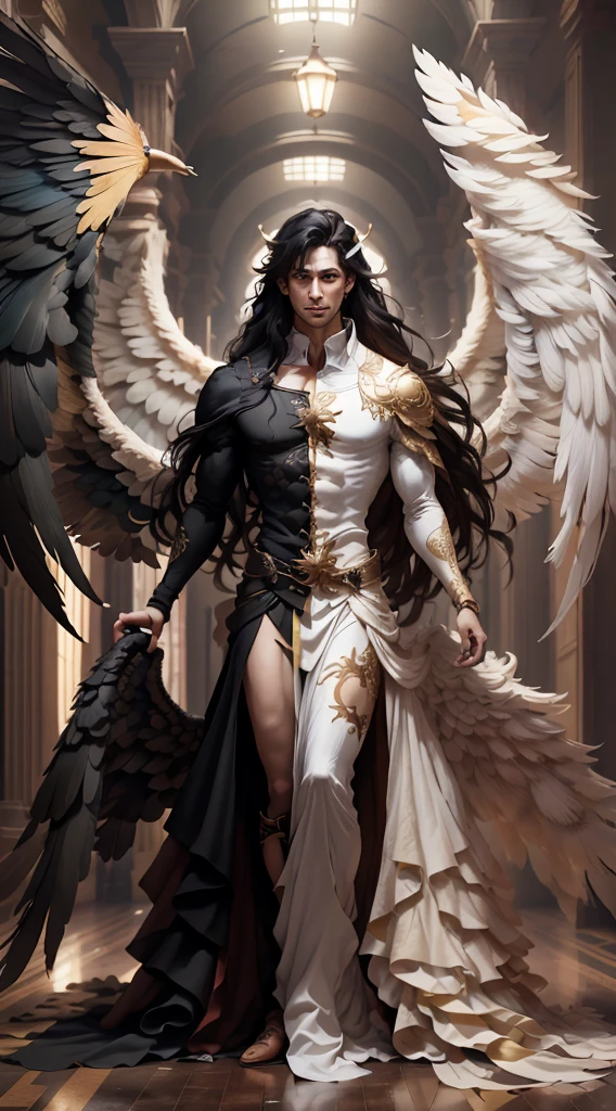 (master-piece:1.3),(bestquality:1.2),10,Absurd,Unity wallpaper 10,(Very detailed:1.3),highest, (1 man,handsome), ((Separate theme,Merge)), (Long straight hair,long and handsome), Heterochromia, (Black Hair), (angel), (White wings)