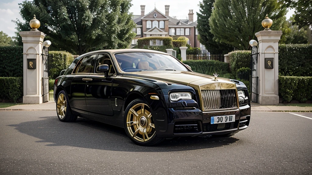 Make a picture of all gold rolls Royce the background is a massive mansion and the car is standing infront of the main gate, make sure no human is in the picture and make sure it looks real