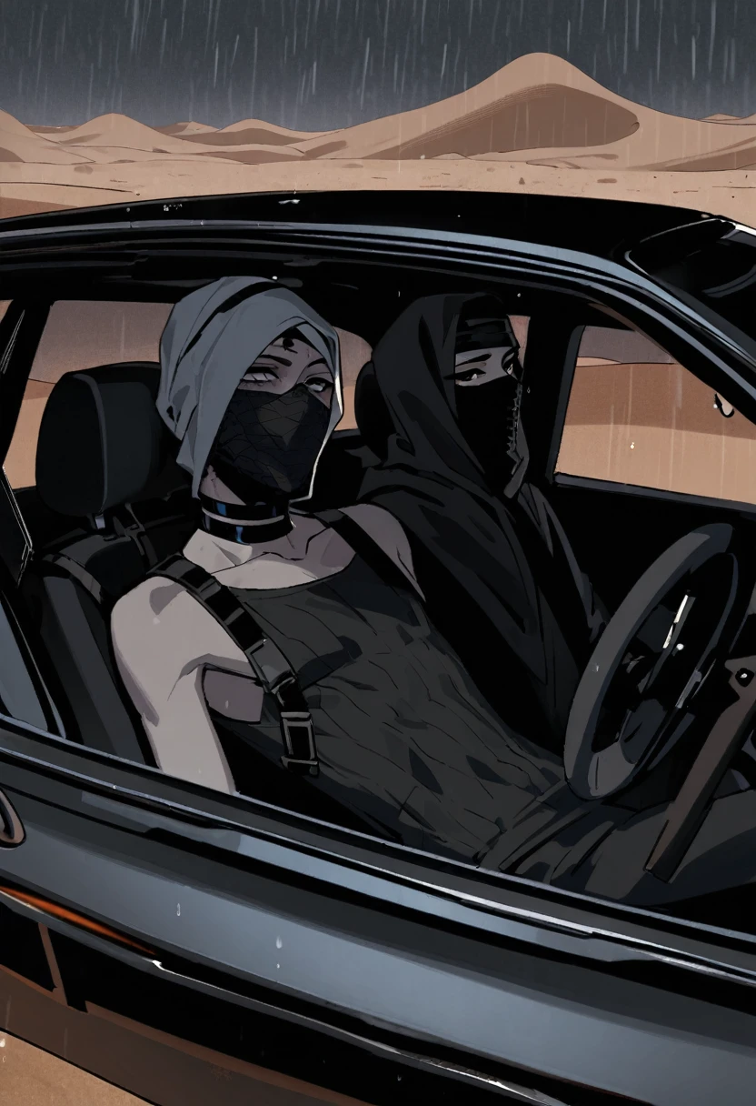 Male arab modern terrorist, terrorist, black balaclava, black bandage, black clothes, thin waist, skinny body, femboy, light skin, makeup, black eyeliner, big eyelashes, black eyeshadow, choker, inside the car, desert, night, rain