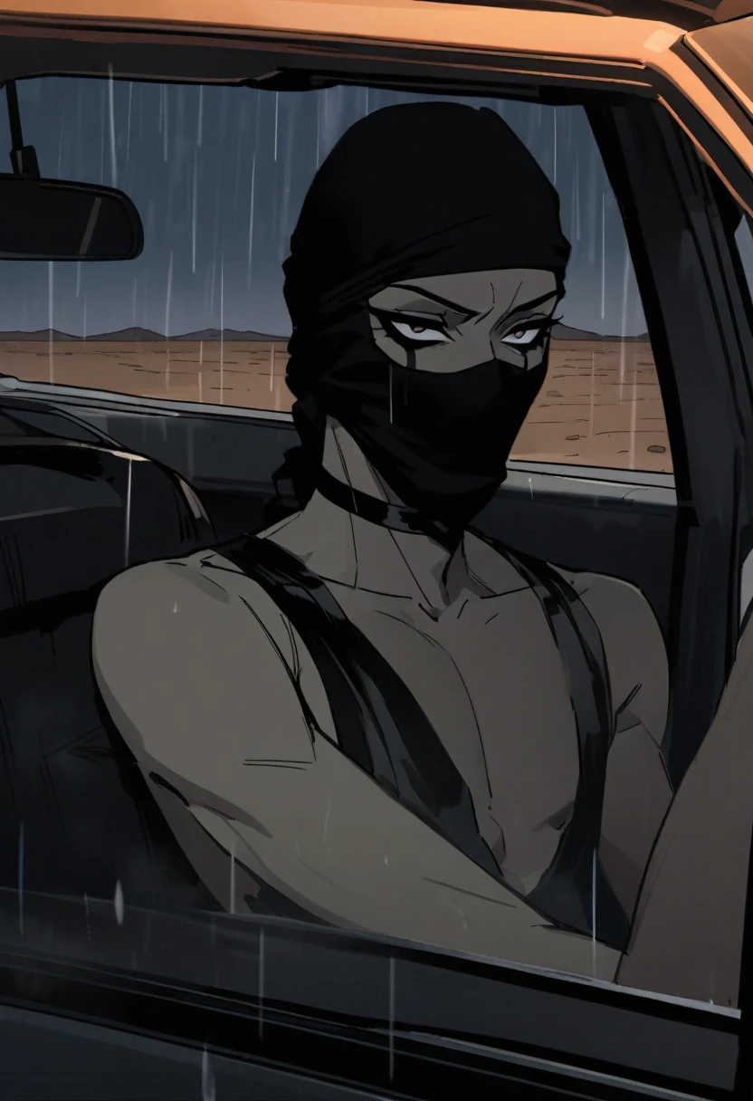 Male arab modern terrorist, terrorist, black balaclava, black bandage, black clothes, thin waist, skinny body, femboy, light skin, makeup, black eyeliner, big eyelashes, black eyeshadow, metal choker, light tanned skin, inside the car, desert, rain, night