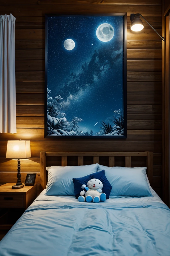 The air was mild, the breeze cool, the stars adorned the dark blue mantle of the night with their ethereal glow, the silver orb of the Moon illuminated my bedroom and all the jungle land surrounding the cabin, and all Nature was quiet. The trees produced a fluid and soporific music with the soft rustling of their leaves; and a sleeping baby adorns a beautiful bed, next to the bed a Doraemon plush toy with a wooden sign with the phrase "BUENAS NOCHES", in comic-style 3D text, sharp focus, super realistic photography