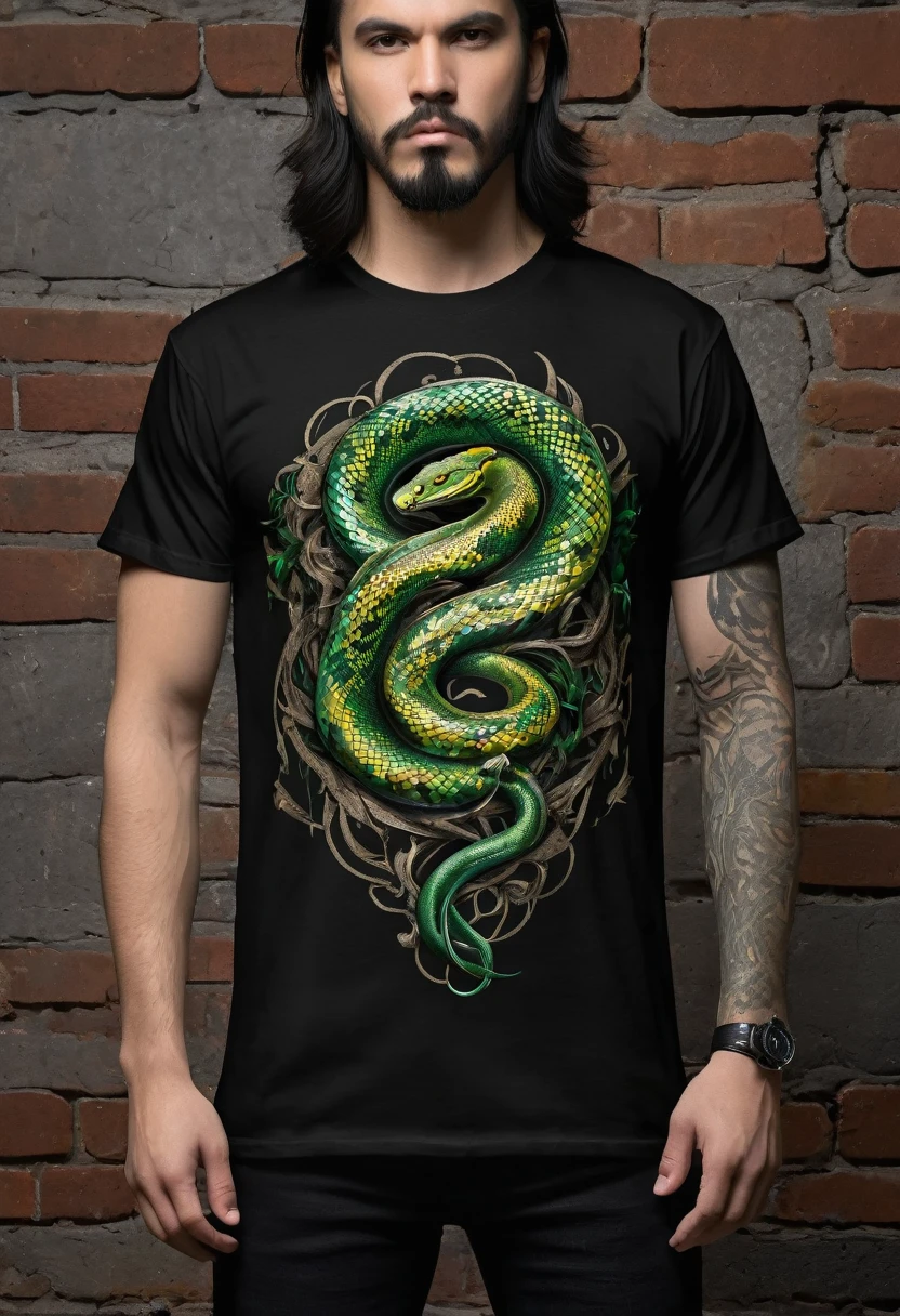 t shirt design, Create a menacing black t-shirt with a full-length python motif inspired by the aesthetics of heavy metal music. The artwork features an elegant style, python dourado e verde claro enrolado sinuosamente, its scales shining in the dim light. python'The mouth is wide open, revealing rows of sharp teeth dripping with blood, exuding a raw feeling, primitive aggression, clear sky and bright sun in the background, improving the sinister atmosphere of the design. python'the eyes shine with a malevolent shine, capturing the essence of danger and violence. The overall style is bold and intense, embodying the dark and edgy spirit of heavy metal music.
