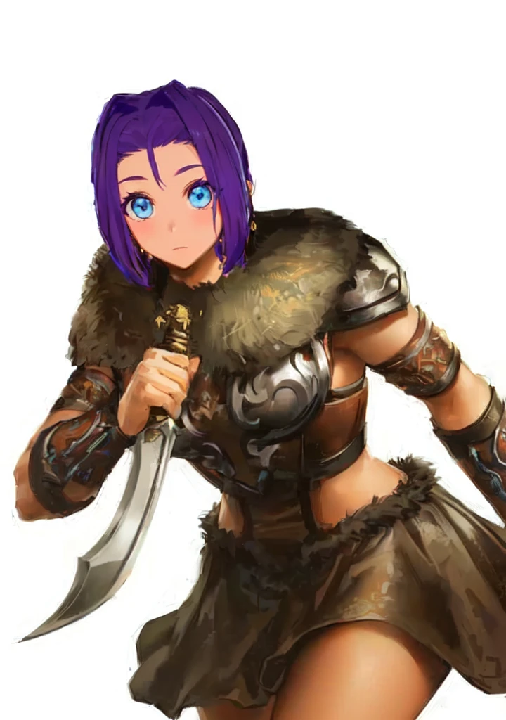 A man in brown clothes、Holding a sword、Purple hair woman, She holds a sword, Natalie in epic battle fantasy, Armor Girl, A very beautiful berserker woman, Wearing dark purple armor, Wearing fur armor, Wearing a shining breastplate, wearing intricate fur armor, female barbarian, Northern adult female warrior, Savage Female Portrait,Blue Eyes,Three Kingdoms,Dynasty Warriors,big ,sex body,Brown skin,cute,,Petite girl
