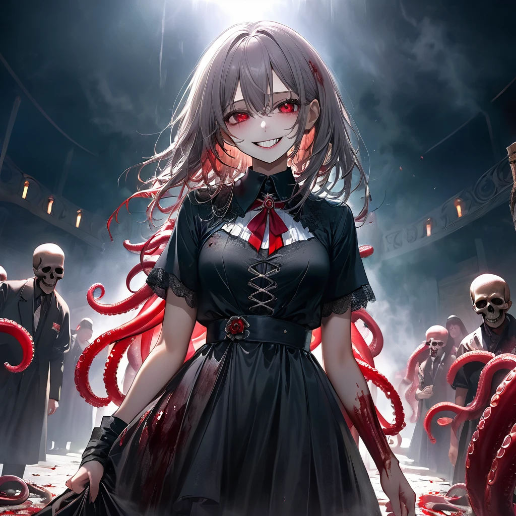 (Thriller Theme,Bloody and violent themes:1.3),(Dirty mollusk tentacles,radicalism:1.4), Good details, (Glowing background), Highest quality, Wide-angle Super Detail, masterpiece, 8k, Natural light, Soft lighting, sunlight, High resolution (High Dynamic Range), Maximum clarity and sharpness, Multilayer Texture, Looking at the audience,Close to the audience,night,Dirty, (Faith of the Dead,A totally malicious cult,Human sacrifice ritual,Ominous black and bloody fog,Creepy crazy smile:1.4),(severe bleeding, self-injurious behavior:1.4) 1 girl,Upper Body,Perfectly detailed eyes and face,Frowning,Red eyes,Gray Hair,Skull and bones themed costume,Black gothic dress with beautiful details,Tears of Blood, (Cult temple built entirely of skulls and bones,Skeleton Beam,Altar of Bone:1.4), (Glowing Eyes,Disheveled long hair,:1.5), Lens flare,Light leakage,