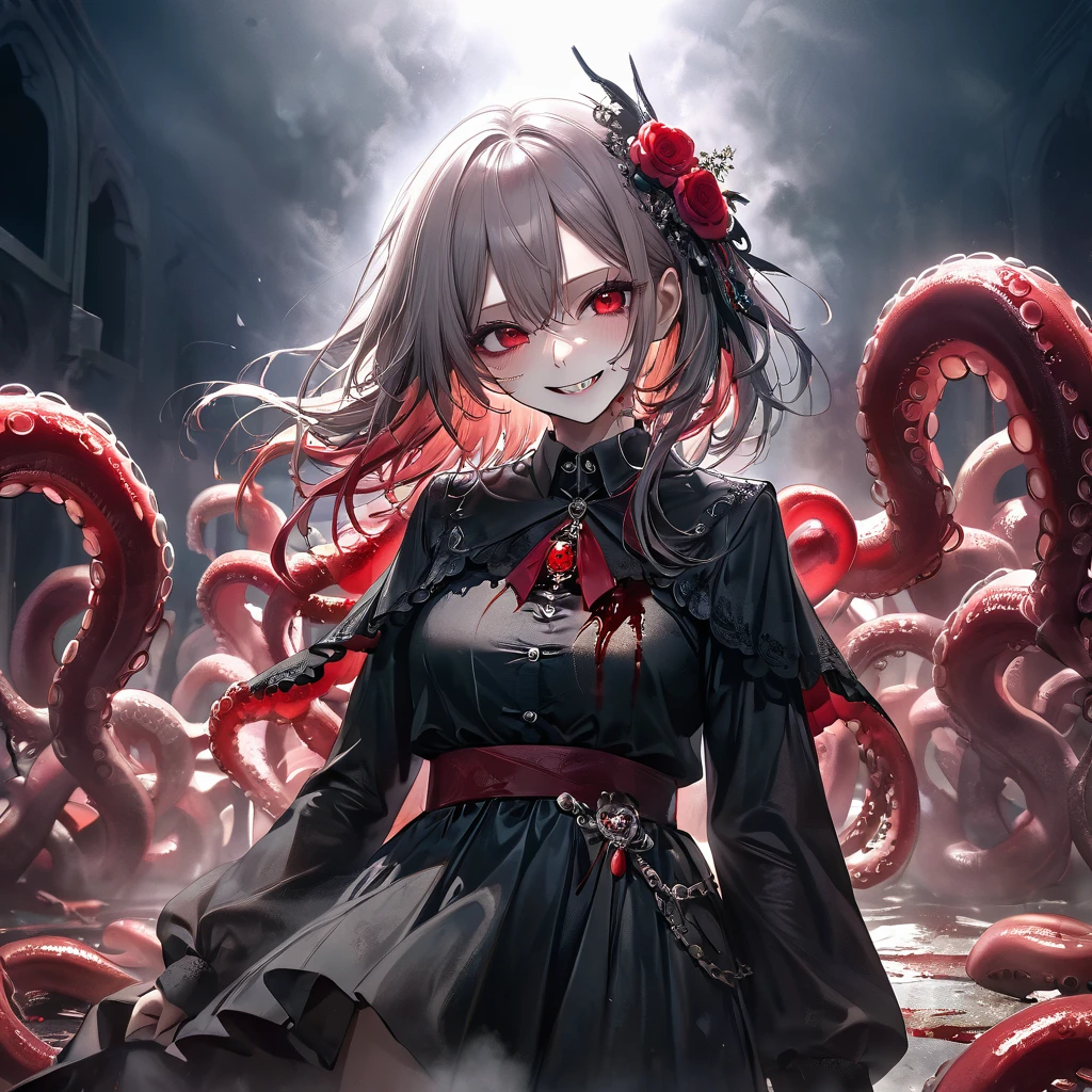 (Thriller Theme,Bloody and violent themes:1.3),(Dirty mollusk tentacles,radicalism:1.4), Good details, (Glowing background), Highest quality, Wide-angle Super Detail, masterpiece, 8k, Natural light, Soft lighting, sunlight, High resolution (High Dynamic Range), Maximum clarity and sharpness, Multilayer Texture, Looking at the audience,Close to the audience,night,Dirty, (Faith of the Dead,A totally malicious cult,Human sacrifice ritual,Ominous black and bloody fog,Creepy crazy smile:1.4),(severe bleeding, self-injurious behavior:1.4) 1 girl,Upper Body,Perfectly detailed eyes and face,Frowning,Red eyes,Gray Hair,Skull and bones themed costume,Black gothic dress with beautiful details,Tears of Blood, (Cult temple built entirely of skulls and bones,Skeleton Beam,Altar of Bone:1.4), (Glowing Eyes,Disheveled long hair,:1.5), Lens flare,Light leakage,