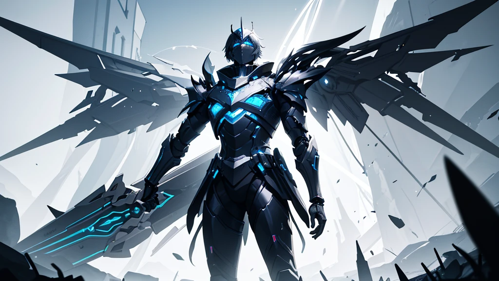 8K, Best quality, A knight with futuristic black and white armor (mostly black. the while is illuminating.) he has mechanical wings. Behind him is a giant, white glowing celesetial clockwork (important). He looks down and proud, surrounded by white flames