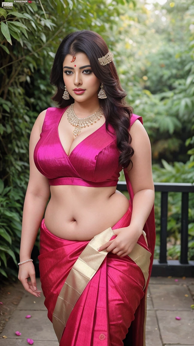 Srabanti Chatterjee bengali actress beautiful actress sexy curvy plus size model woman in a Violate banarasi saree in picture, manga mala necklace ornament in necklace for wedding, Head Jewelry for wedding, busty,  , mid body shot, she has a jiggly fat round belly, thick body, rose garden background.