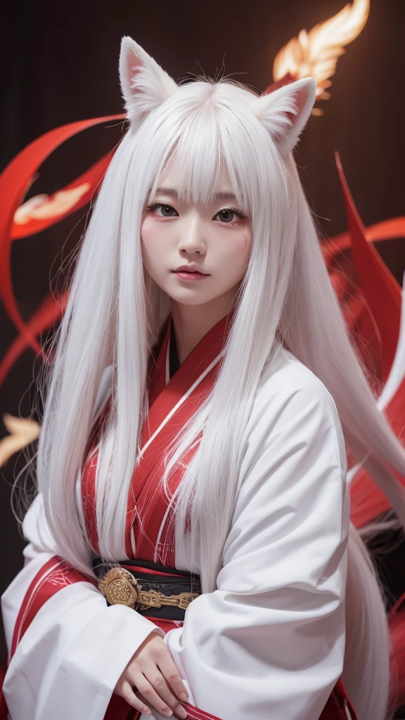 White Demon Fox、Nine-tailed Fox、Japanese women、kimono、Fair skin、Red lines on face、8K、I have long hair