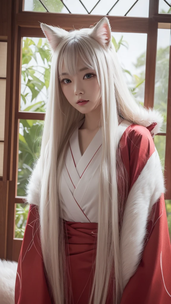 White Demon Fox、Nine-tailed Fox、Japanese women、kimono、Fair skin、Red lines on face、8K、I have long hair