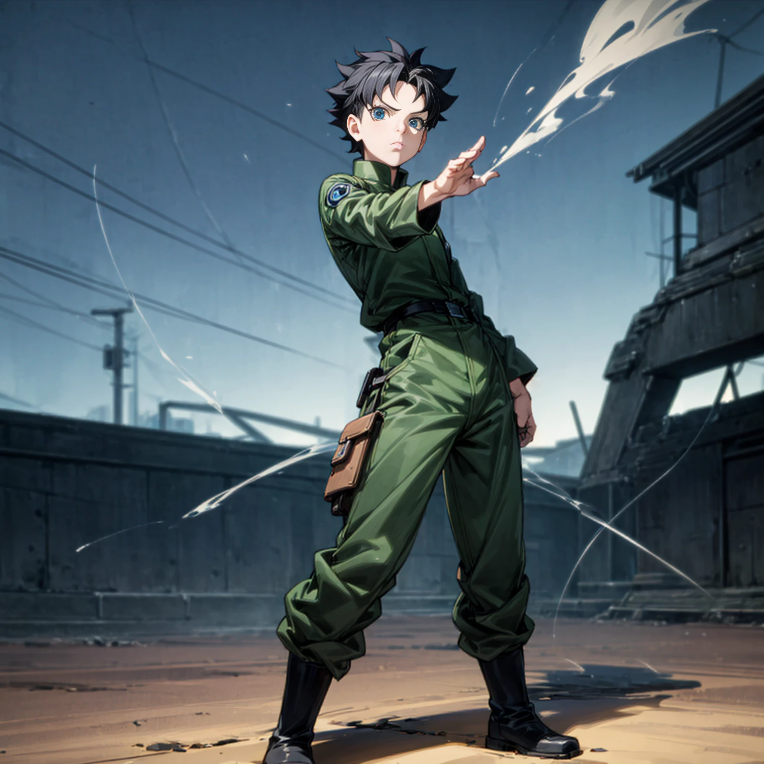 1boy, Full body version, 1character, blue eyes, short haircut, black color hair, soldier style outfit, boots, Grassroots, full background in city street, motion blur, (Hunter x Hunter style art), standing gesture, smoke on two hand