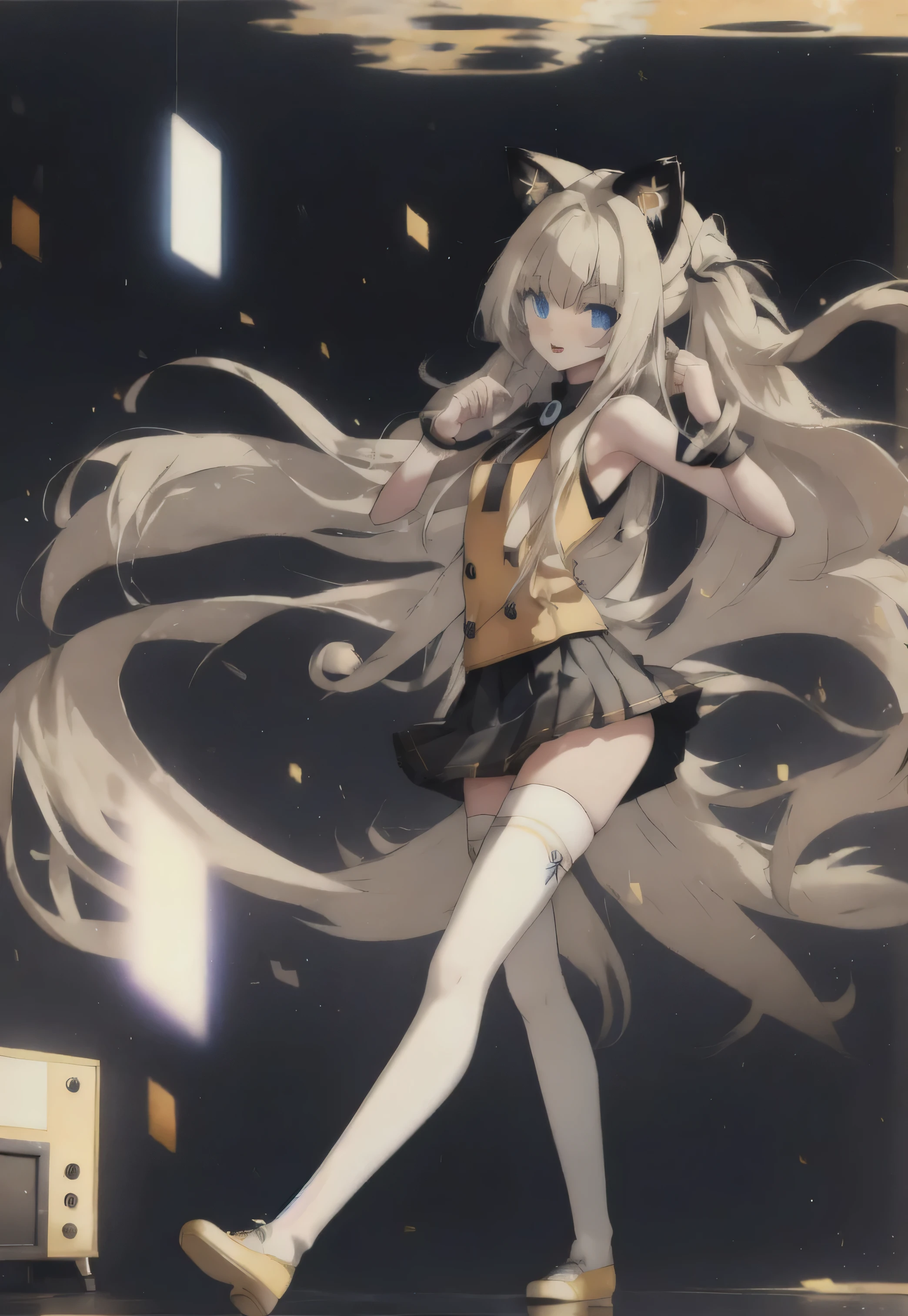 1girl,solo,long hair,blue eyes,blonde hair,sidelocks,cat ears, (((cat ear speakers))), miniskirt,pleated skirt,white thighhighs,jewelry,zettai ryouiki,bracelet,sleeve cuffs,bow,bare shoulders,headset,sleeveless,grey skirt,sleeveless shirt,Yellow shoes, flats shoes, flat footwear, yellow shirt, flat chest, chubby thighs, BREAK, in the city, walking, sidewalk, buildings, daytime, singing, happy, looking at camera