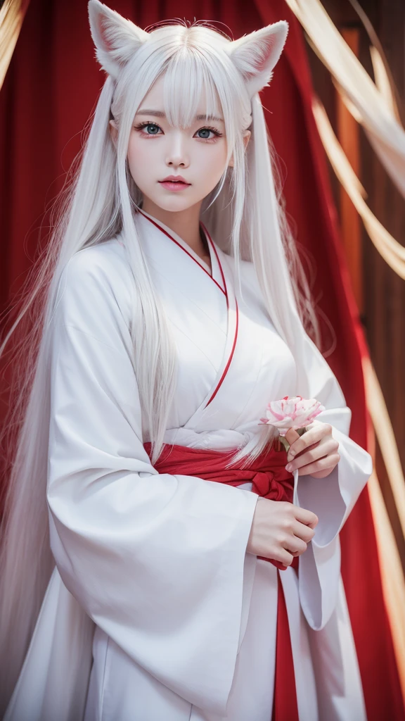 White Demon Fox、Nine-tailed Fox、Japanese women、kimono、Fair skin、Red lines on face、8K、I have long hair