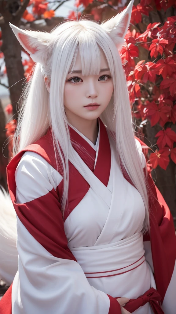 White Demon Fox、Nine-tailed Fox、Japanese women、kimono、Fair skin、Red lines on face、8K、I have long hair
