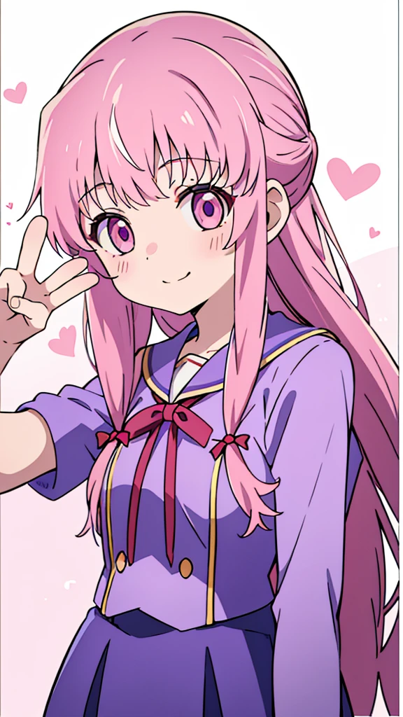 masterpiece, pink eyes with love, Very detailed、(One Girl:1), purple sailor uniform,red ribbon,purple shirt, pink long hair with bangs, Big eyes、Close-up、Laughter、(((Anime Style)))、Shining Eyes、Open your mouth、smug face、front、whole body, selfie close up while posing peace