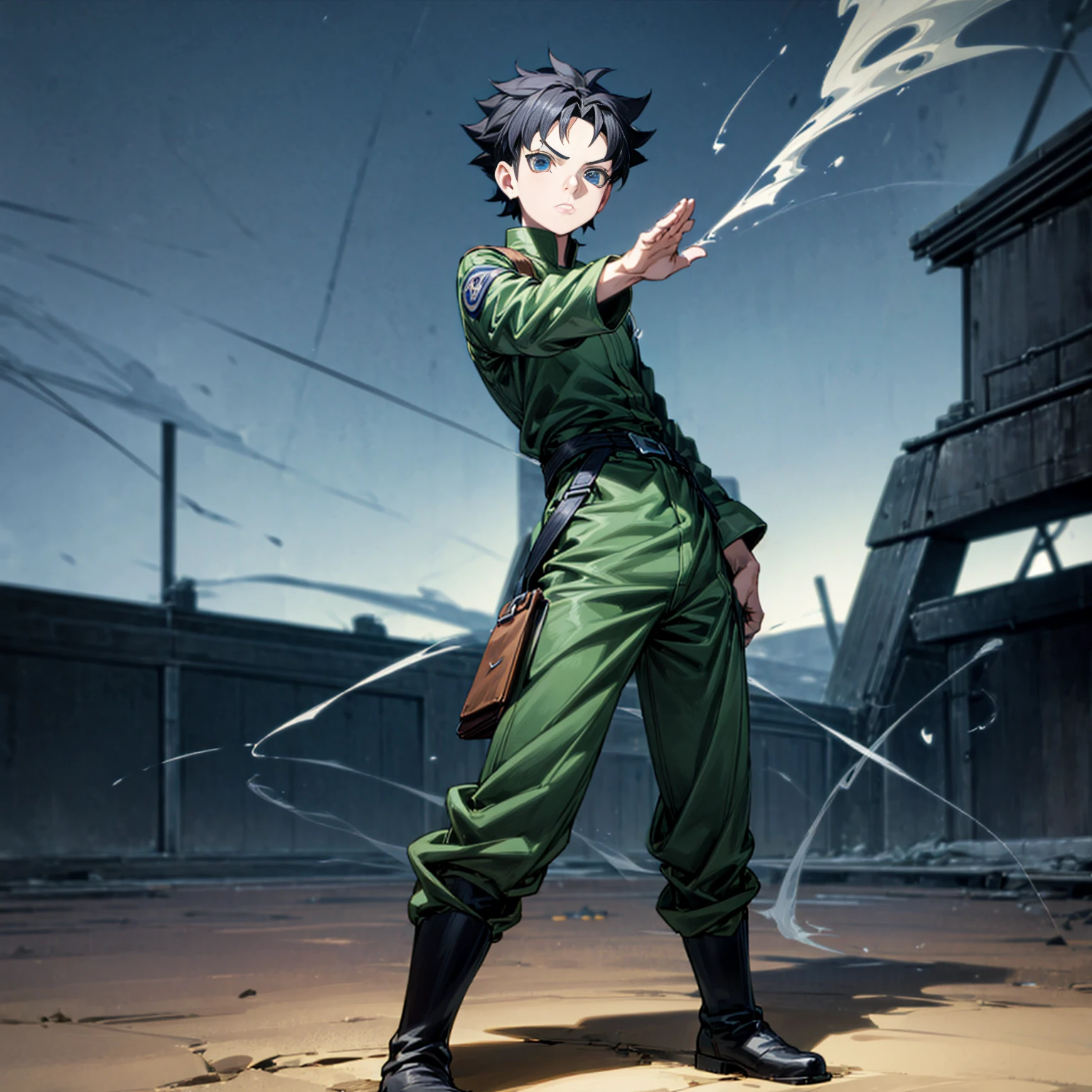 1boy, Full body version, 1character, blue eyes, short haircut, black color hair, soldier style outfit, boots, Grassroots, full background in city street, motion blur, (Hunter x Hunter style art), standing gesture, smoke on two hand