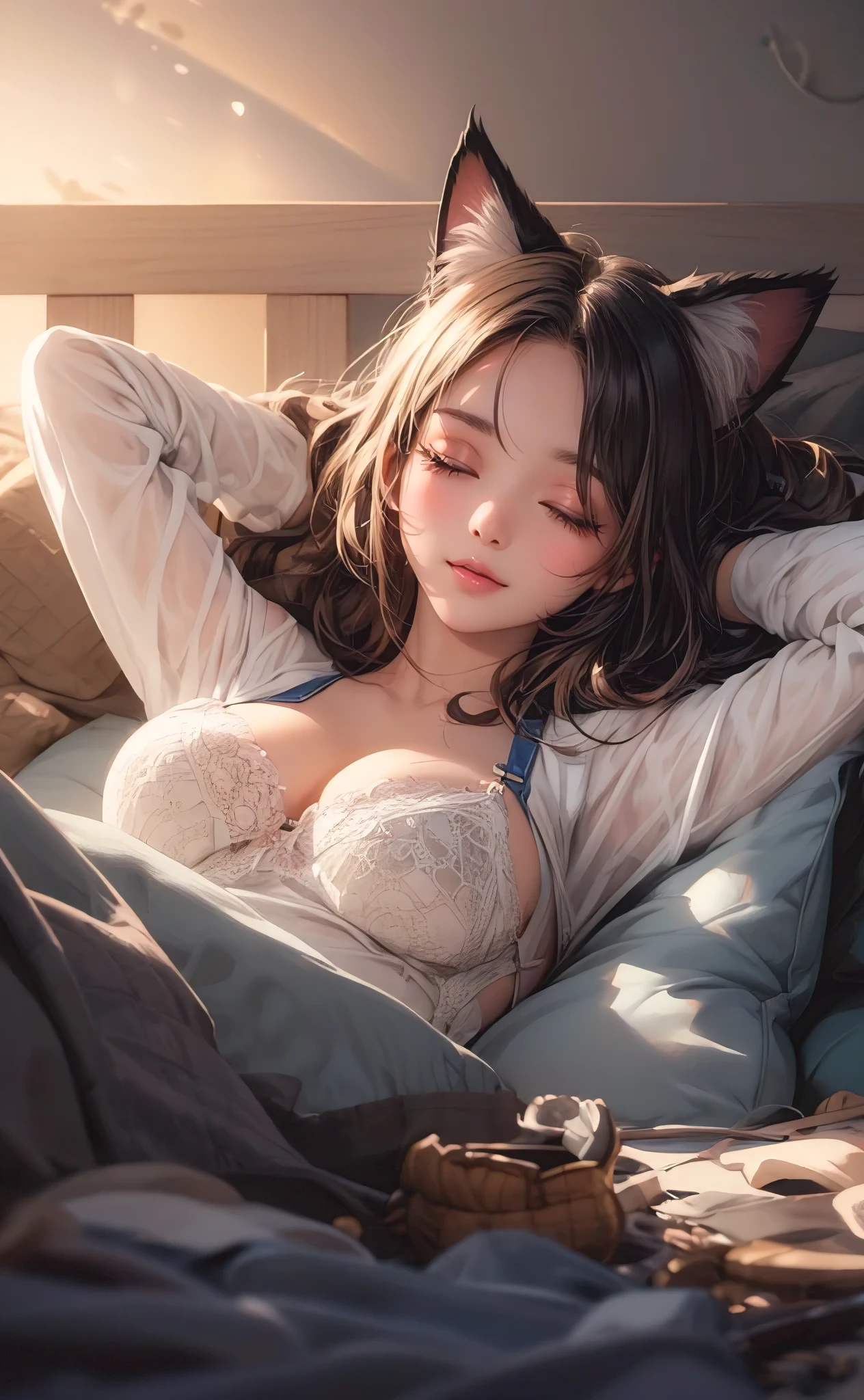A stunningly detailed photorealistic anime illustration of a beautiful, busty woman with cat ears, lounging lazily in bed on a cozy morning. Her eyes are half-closed and her expression is sleepy, as she enjoys the comfort of her messy bedroom. The background features a soft, warm glow that accentuates her relaxed demeanor, creating a serene and inviting atmosphere., anime