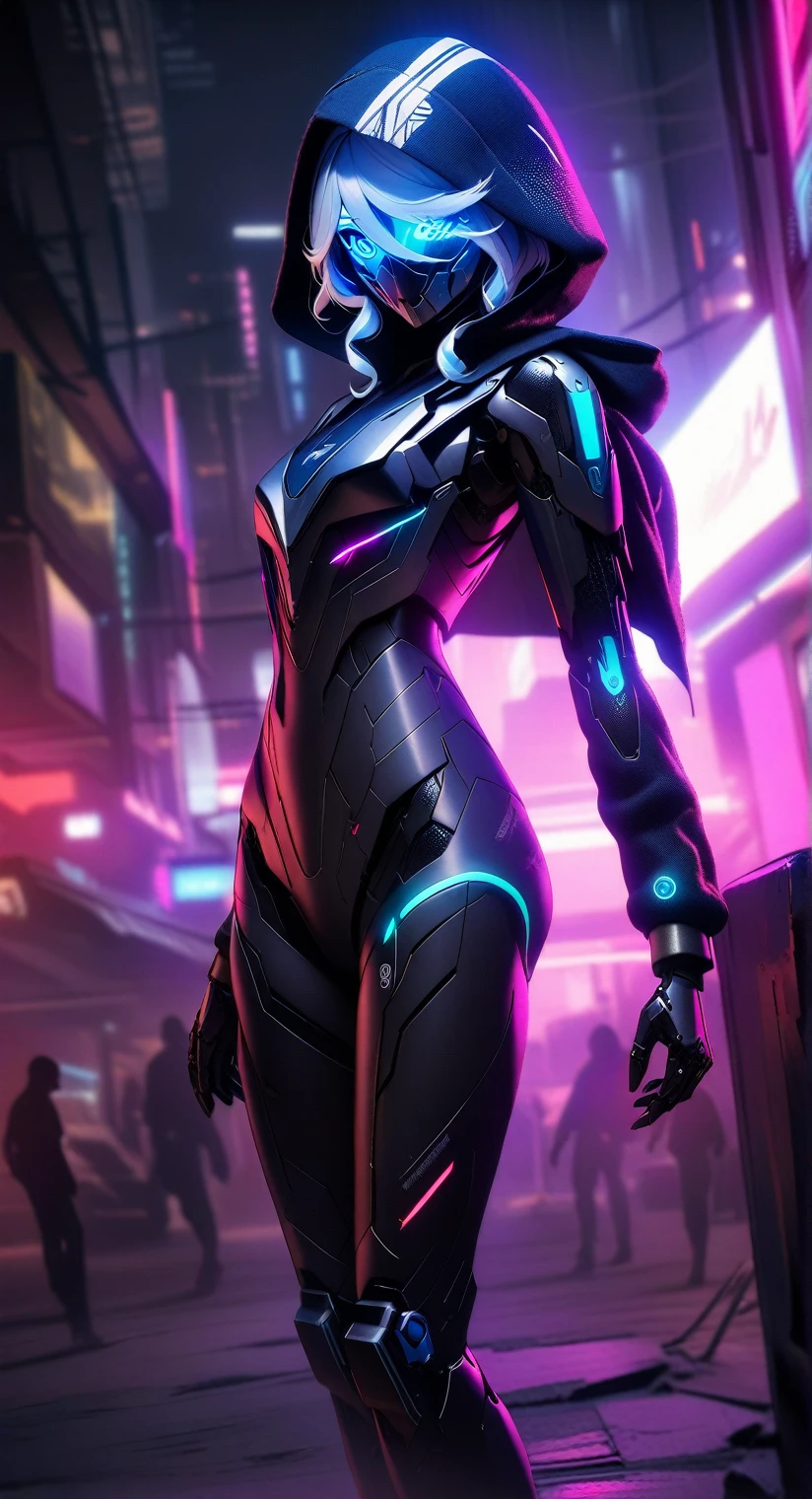 ,masterpiece,dystopian aesthetic, 1girl,solo,furina genshin impact ,cyberpunk assassin,hooded figure, futuristic cyborg, robotic body,dark atmosphere, high-tech armor, fractured metal skin, sci-fi concept art,advanced technology,cybernetic enhancements, synthetic humanoid,digital particles, neon accents, biomechanical fusion, cloaked silhouette,ominous presence, futuristic mercenary, cinematic lighting,hyper-realistic rendering, dynamic pose, technological integration,cyberpunk fashion, advanced AI, urban warfare,digital decay,holographic elements,