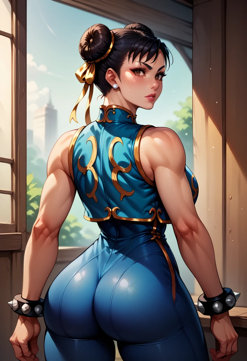 score_9, score_8_up, score_7_up, BREAK, score_9, 1girl, chun-li (\street fighter)\, black hair, brown eyes, makeup, eyelashes, short hair, breasts, looking at viewer, standing pose, lips, alpha_costume, blue bodysuit, blue leotard, blue vest, sleeveless, cowboy shot, ass, from behind,
