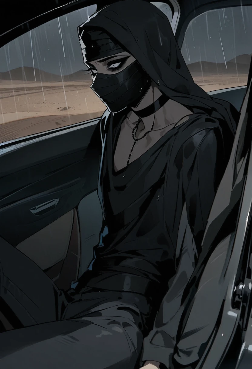 Male arab modern terrorist, terrorist, black balaclava, black bandage, black clothes, thin waist, skinny body, femboy, light skin, makeup, black eyeliner, big eyelashes, black eyeshadow, half open eyes, metal choker, inside the car, desert, night, rain