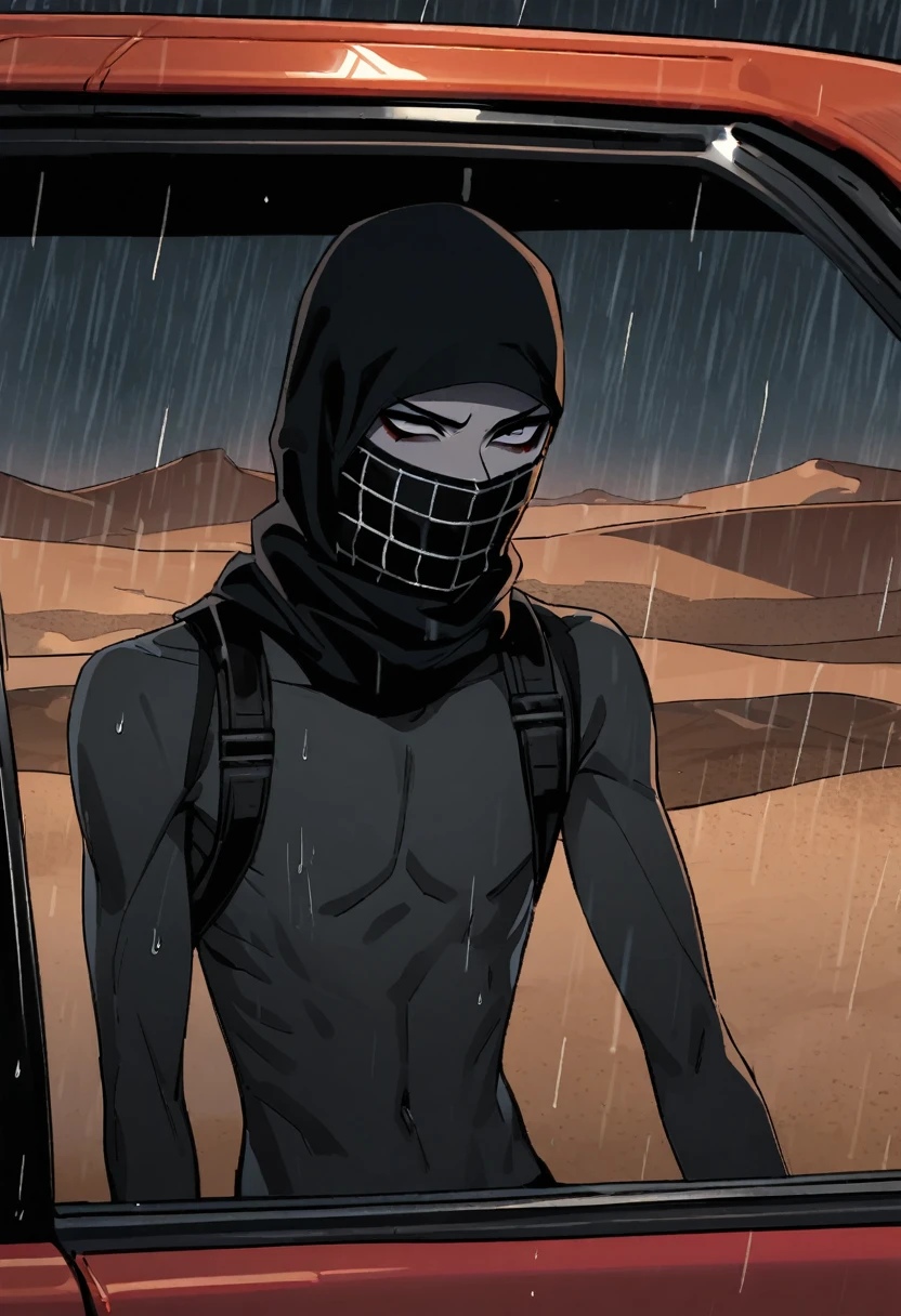 Male arab modern terrorist, terrorist, black balaclava, black bandage, black clothes, thin waist, skinny body, femboy, light skin, makeup, black eyeliner, big eyelashes, black eyeshadow, choker, inside the car, desert, night, rain