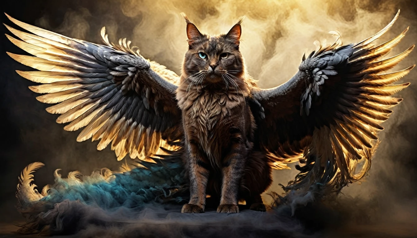 a giant winged cat, detailed feline anatomy, intricate feathered wings, majestic and powerful, realistic fur textures, intense eye contact, dynamic pose, cinematic lighting, dramatic chiaroscuro, muted color palette, highly detailed, photorealistic, award-winning digital art