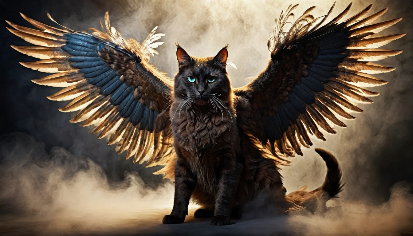 a giant winged cat, detailed feline anatomy, intricate feathered wings, majestic and powerful, realistic fur textures, intense eye contact, dynamic pose, cinematic lighting, dramatic chiaroscuro, muted color palette, highly detailed, photorealistic, award-winning digital art