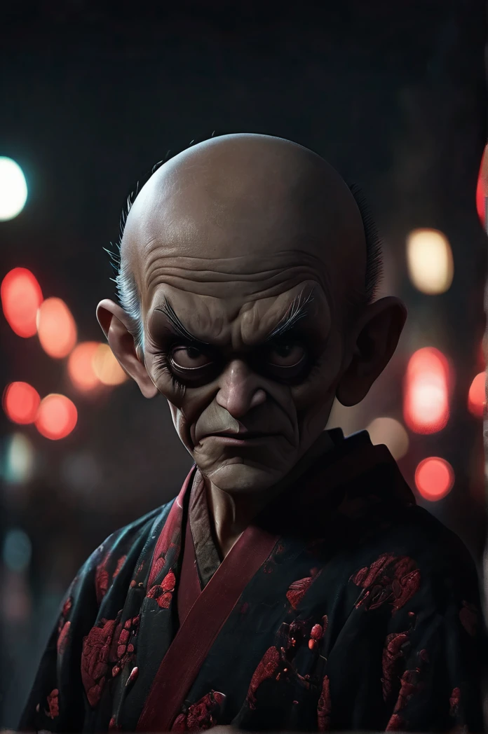 8k、Ultra HD、Horror-themed movie stills,夜の町の中央にCreepyに立っている、A short, skinny, bald old man wearing a traditional Japanese kimono with narrow eyes and a large head、Alien head shape、Carrying a walking stick、Shallow depth of field, Vignette, Very detailed, High budget, Bokeh, CinemaScope, Sulky, amazing, nice, Film Grain, granular . Creepy, Anxious, dark, Creepyな, Suspenseful, strict, Very detailed
